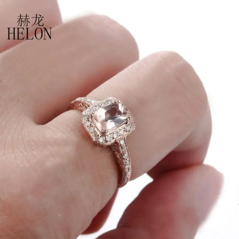 

HELON Solid 10K Rose Gold 7x5mm Cushion Natural Morganite Diamonds Engagement Wedding Vintage Antique Fine Jewelry Diamonds Ring