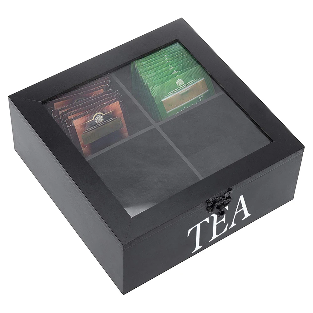 

Retro Style Bamboo Tea Box With Lid 9-Compartment Coffee Tea Bag Storage Holder Sugar Organizer