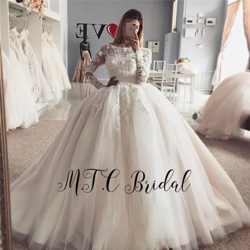 

2019 New Dubai Princess Wedding Dresses Gorgeous Lace Sheer Long Sleeves Puffy Bridal Dress Customize Robe De Mariee
