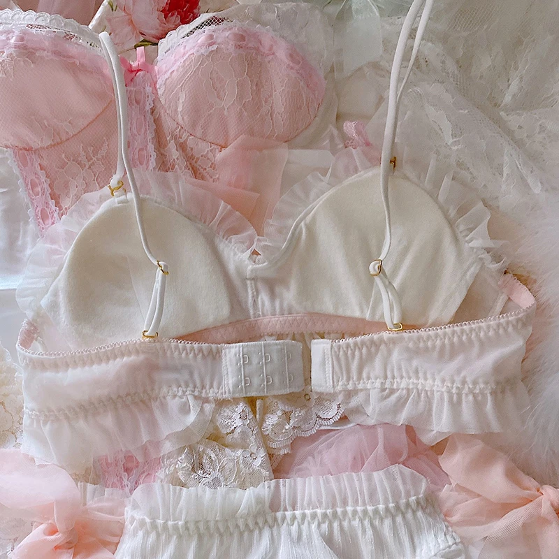 Japanese Soft Sister Sweet Lace Bra & Panties Set Lolita Cute Milk Silk Intimates Super Bowknot Triangle Cup Underwear Suit