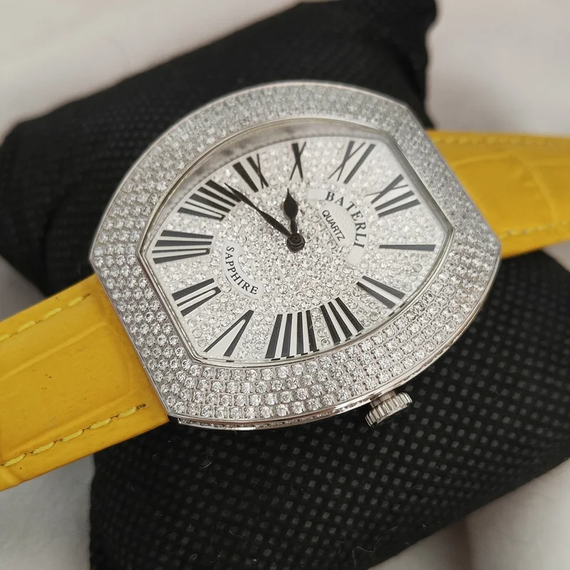 Top Brand Yellow Leather Strap Woman Watch Stainless Steel Silver lady diamond Quartz Watch Barrel Shaped Female Clock On Sale enlarge