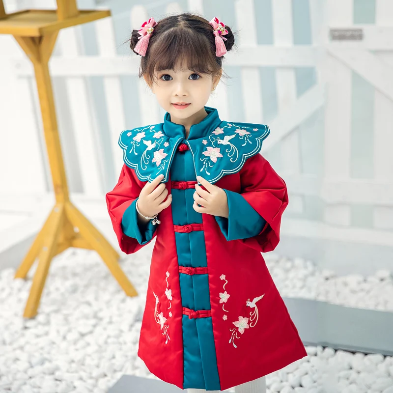 Стеганое платье Hanfu для девочек зимнее сохраняющее тепло детское с вышивкой