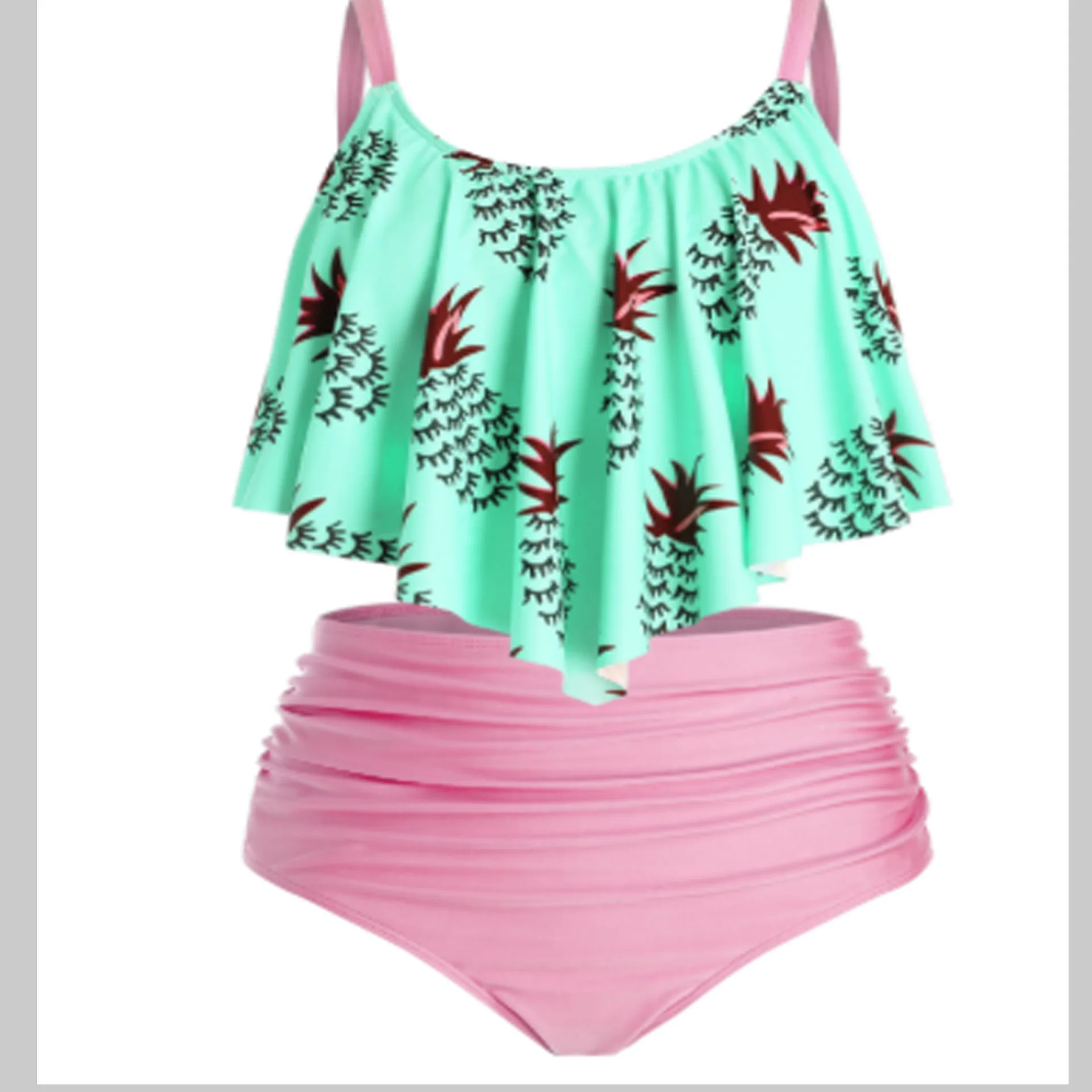 

Luren Plus Size Swimwear Pink Yellow Pineapple Printed Female Fat Woman Oversized Split High Waist Triangle Swimsuit