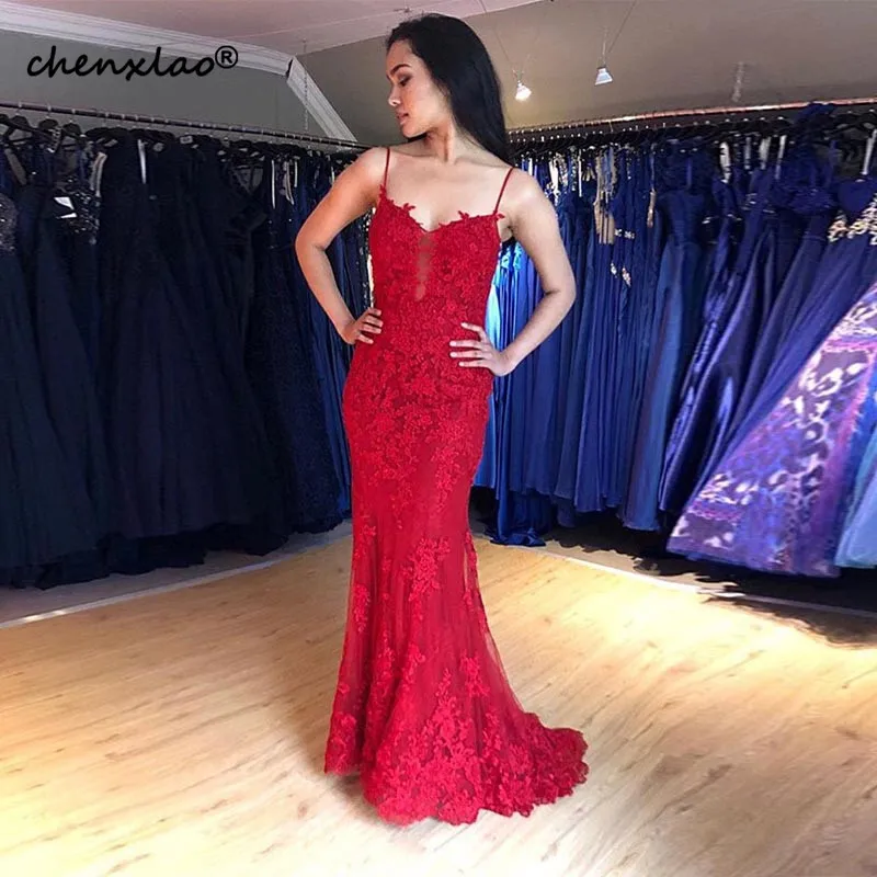 

Mermaid Burgundy Lace Evening Dresses Long Spaghetti Straps Appliques Party Dress Robe De Soiree Backless Formal Gowns