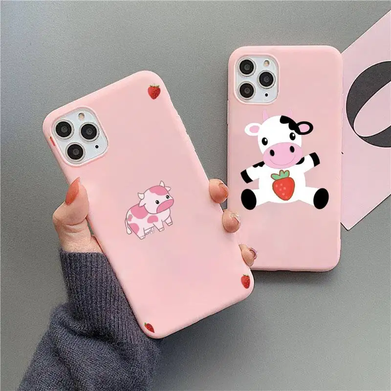 

Pink Cow Print Strawberry cute Phone Case Candy Color for iPhone 11 12 mini pro XS MAX 8 7 6 6S Plus X 5S SE 2020 XR cover funda