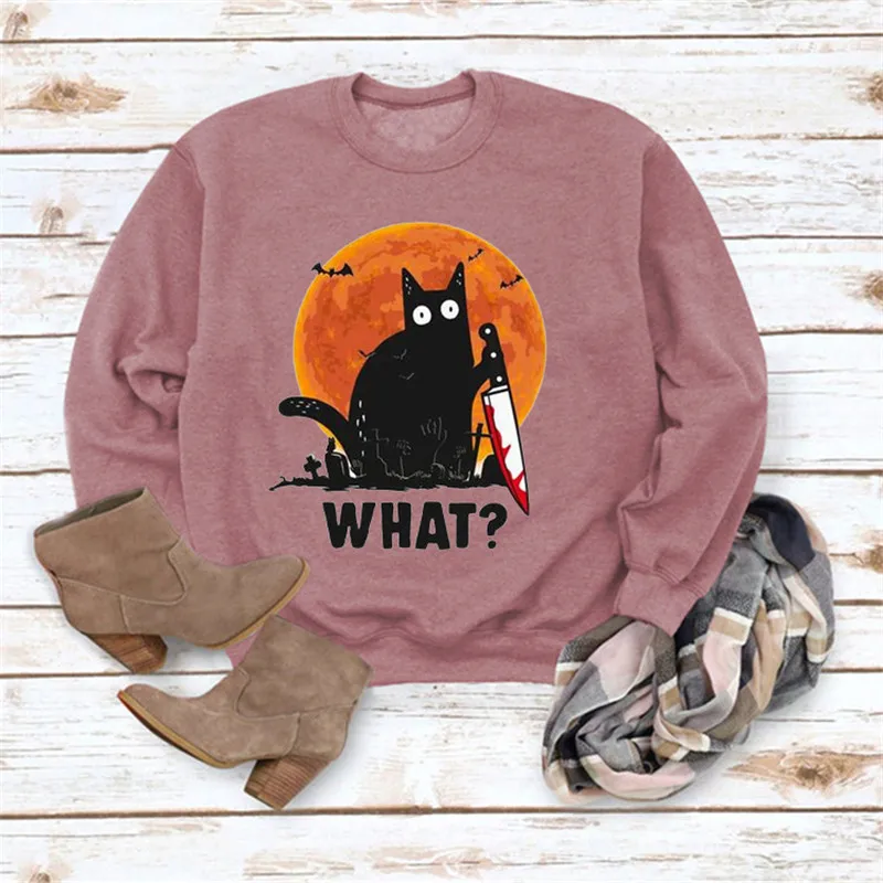 

What Black Cat Deat Printed Halloween Goth Clothes Sweatshirts Woman Vintage Sweat Oversize Warm Korean Anime Hoodie 2020 Tops