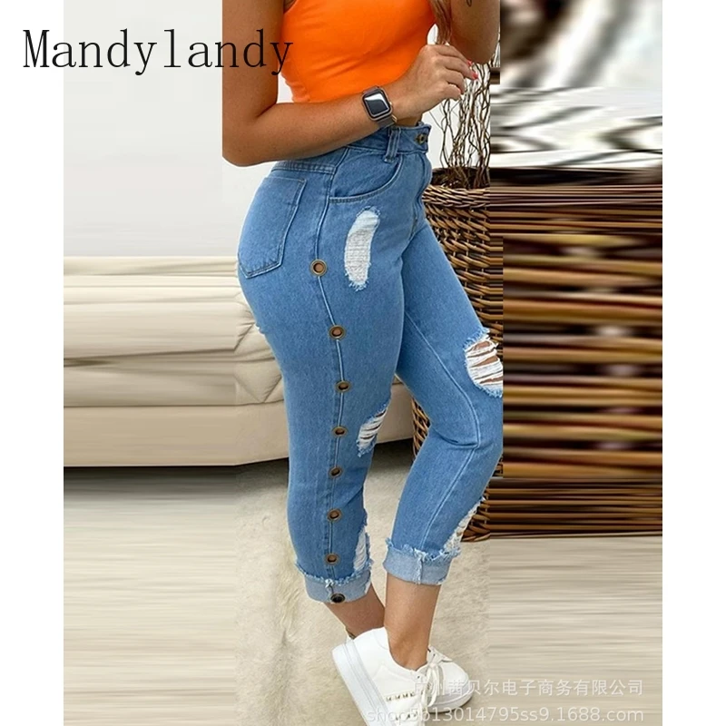 

Mandylandy джинсы осенние модные пуговицы с высокой талией с вырезами джинсовые брюки-карандаш женские повседневные однотонные тонкие рваные д...