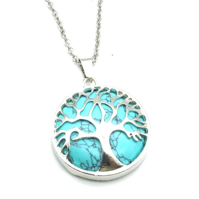 green Turquoise 12 цветов Дерево жизни ожерелья Круглый натуральный каменный розовый кварц белый кристалл лазурит тигровый глаз Опал Подвески ювелирные изделия - Окраска металла: green Turquoise