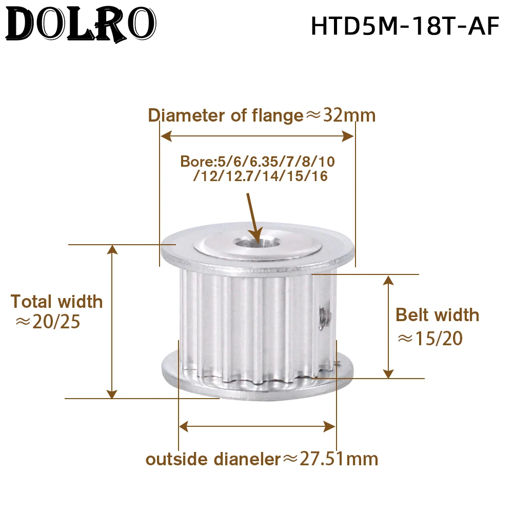 

HTD5M 18-зубчатый синхронный зубчатый шкив с отверстием 5/6/6.35/7/8/10/12/14/15/16 мм для ширины 15/20 мм HTD5M ременная Шестерня 18-5M-15 AF 18 T