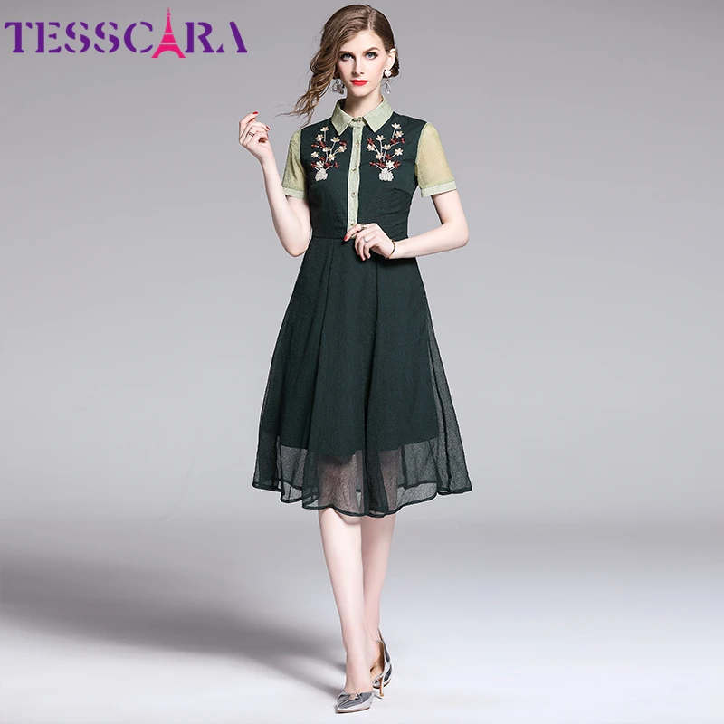 TESSCARA женское летнее элегантное платье с вышивкой рубашка женские офисные