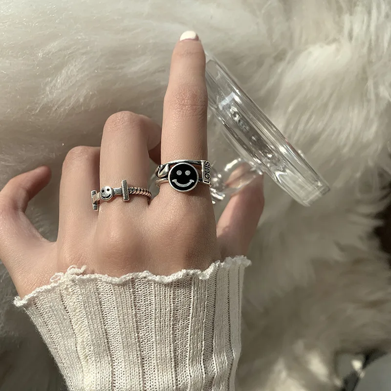 

Evimi 925 Sterling Silver Openwork Rings INS Fashion Creative Smiley Face Letter Geometric Vintage Punk Party Jewelry Gifts