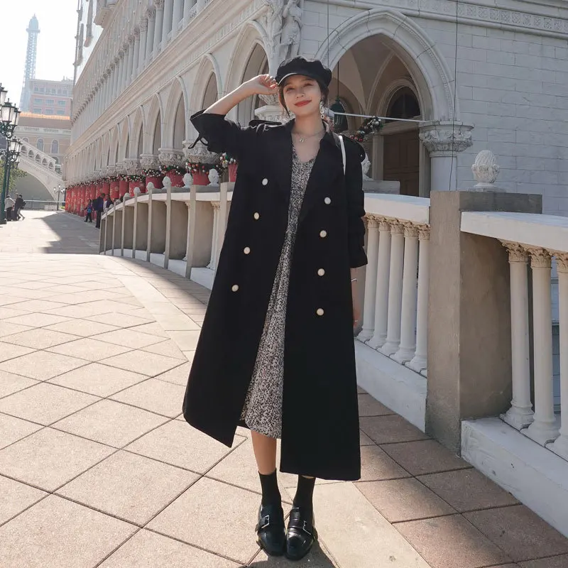 Женский двубортный тренчкот длинное пальто в британском стиле с отложным