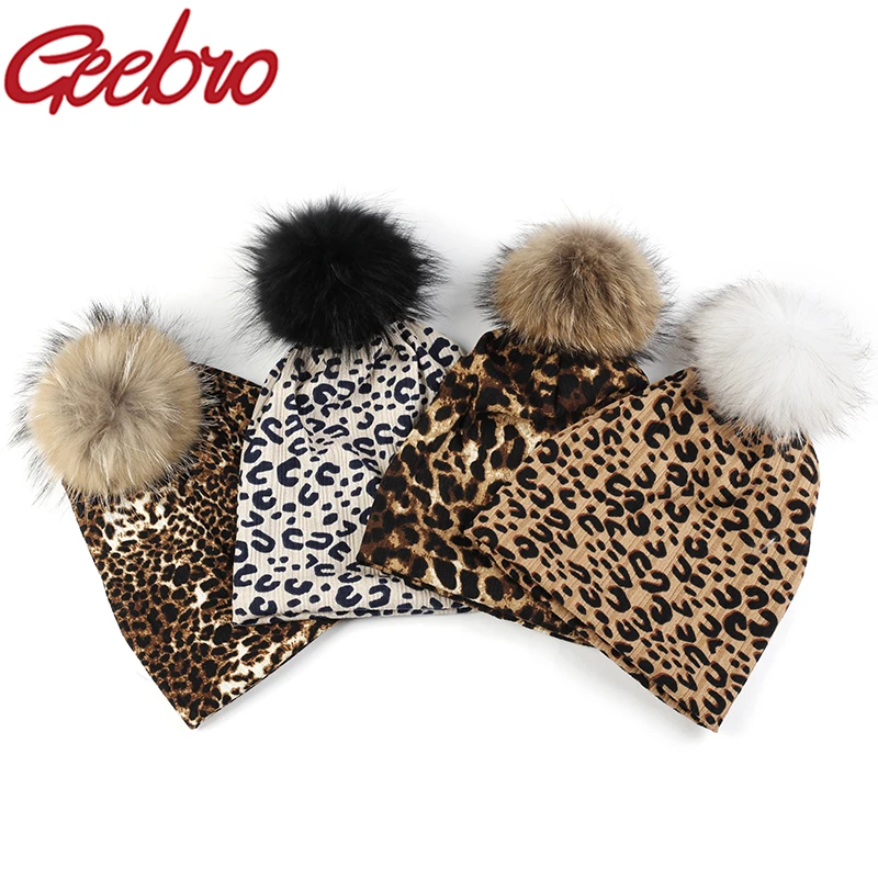 

Geebro Women Cotton Dot Leopard Print Beanies For Lady Fashion Brand Soft Warm Slouch Skullies Hats with 15cm Raccoon Fur Pompon