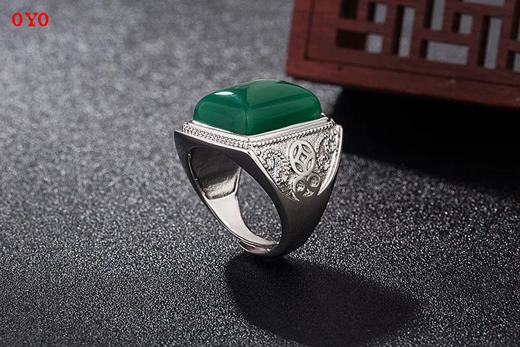 

Genuine S925 Sterling Silver Inlaid Natural Green Agate Men's Ring