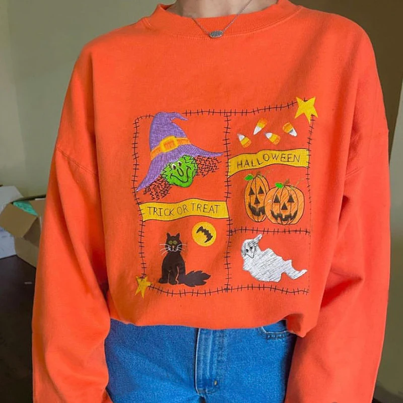 

Trick or Treat Funny Halloween Pullover Orange Cotton Long Sleeve Vintage Printed Clothing Loose O Neck Autumn Women Sweatshirts