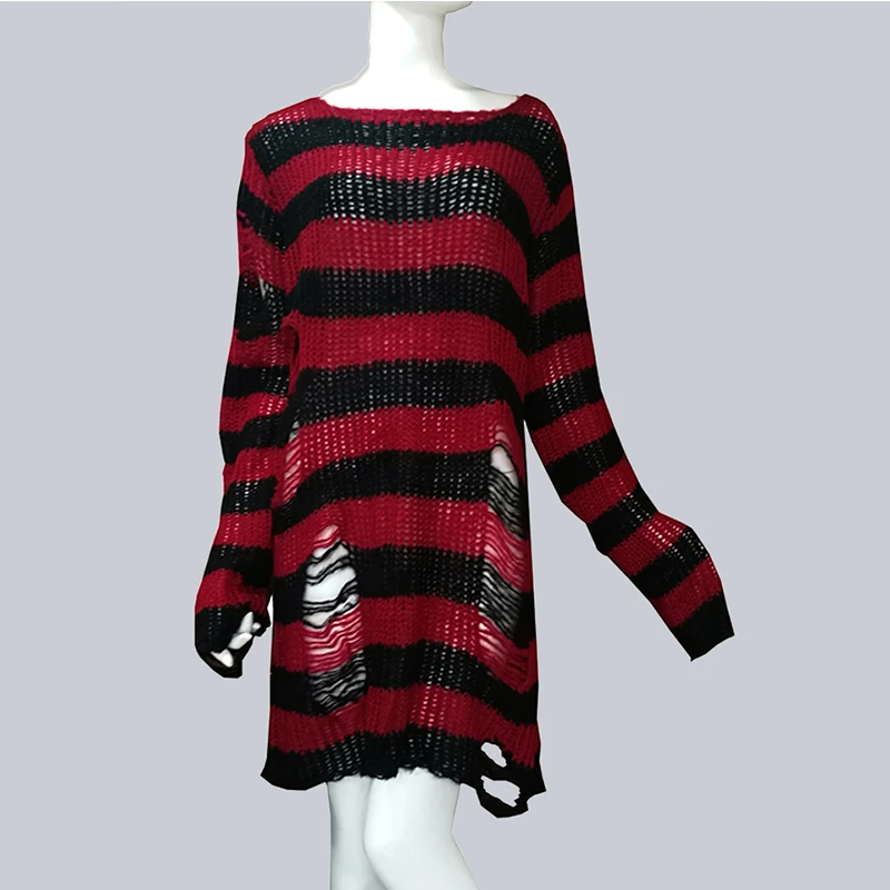 

Plus Size Punk Gothic Long Unisex Sweater Dress Cool Hollow Out Hole Broken Jumper Loose Rock Thin Sweter 2021Women Man Striped
