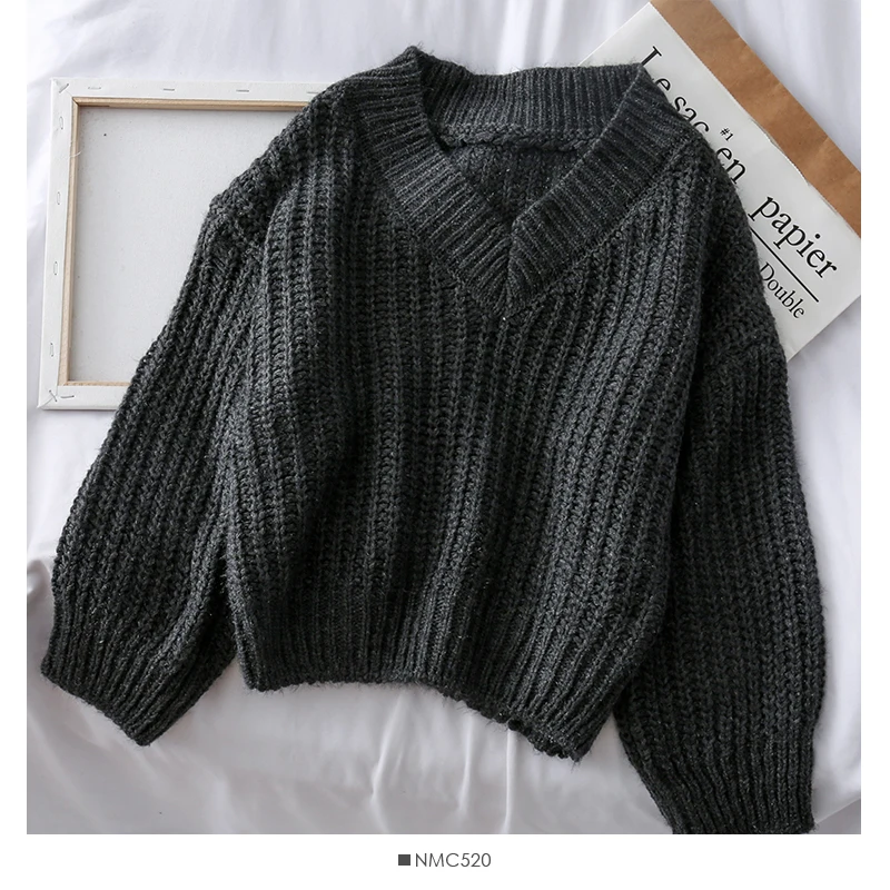 2019 Новая мода Женская одежда свитер v-образный вырез длинный рукав свитера