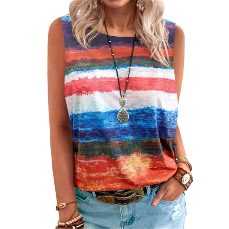 

2021 New Women Summer Blouse Tie Dye Gradient Striped Shirt Casual Sleeveless O-Neck Loose Shirts Ladies Blouses Plus Size Tops