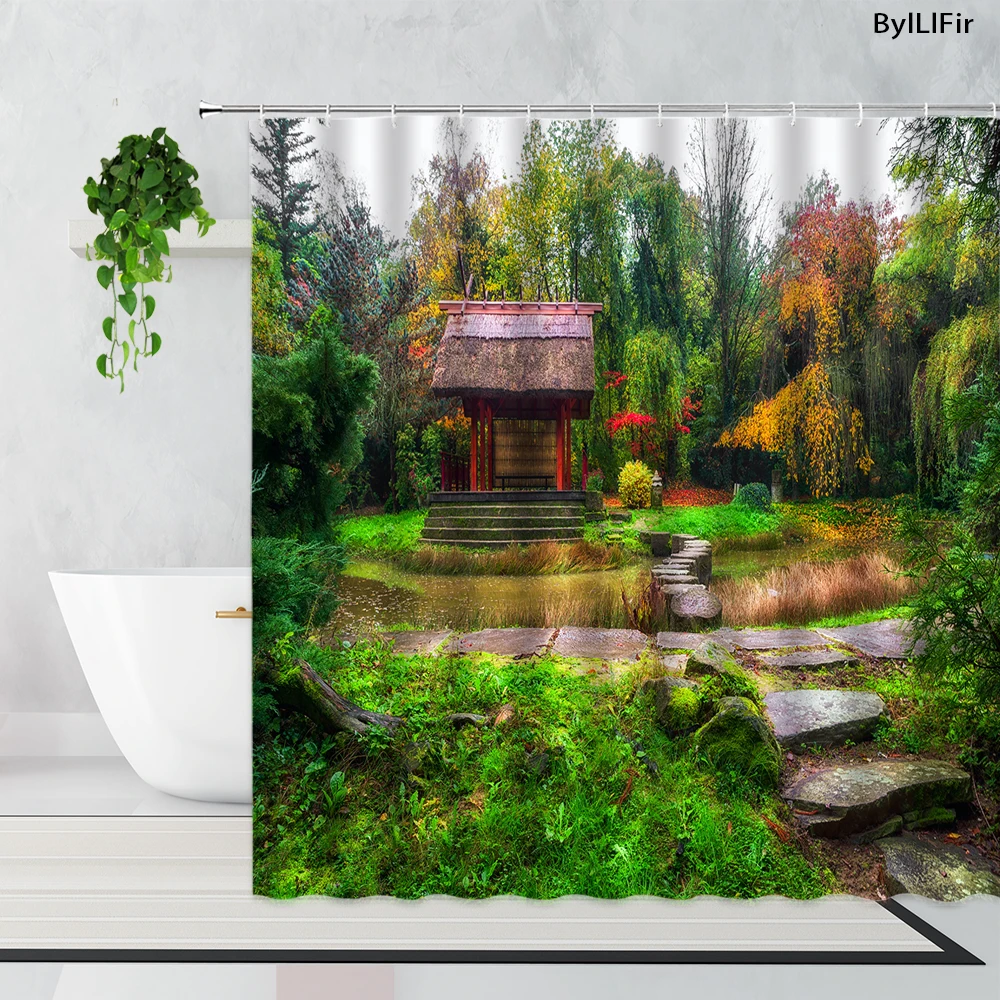 

Country Pastoral Scenery Shower Curtains Green Plants Forest Hut Stone Corridor Natural Landscape Waterproof Bath Curtain Screen