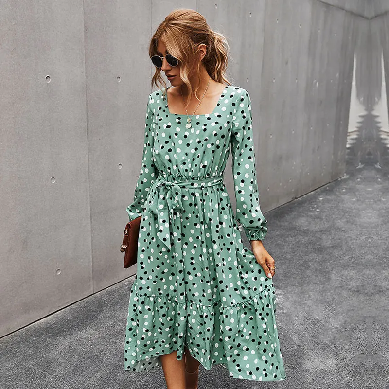 Новинка Осень зима 2020 Элегантный квадратный вырез платье в горошек женское