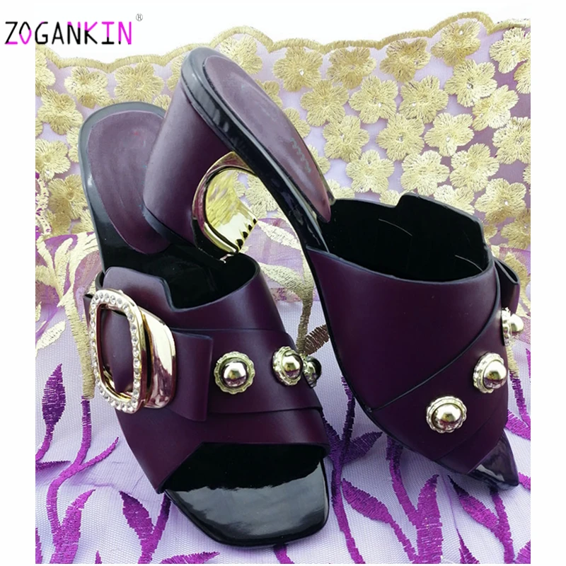 

2019 Mature Style Italian Women Shoes Nigerian Leisure Slipper in Darl Purple Color With Matals African Women Retro Shoes
