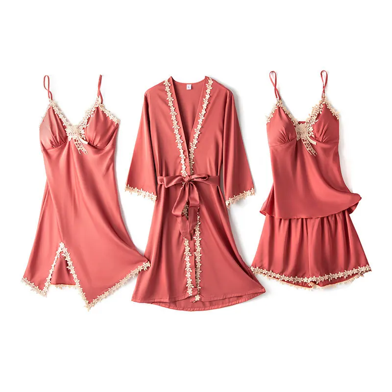 

Rayon 4PCS Sleepwear 2021 New Pajamas Set Satin Female Kimono Gown V-Neck Sexy Lace Nightwear Loose Home Wear Intimate Lingerie