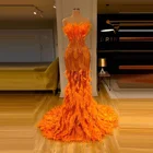 Женское вечернее платье-русалка, длинное оранжевое платье без бретелек с перьями и блестками, облегающее платье для выпускного вечера