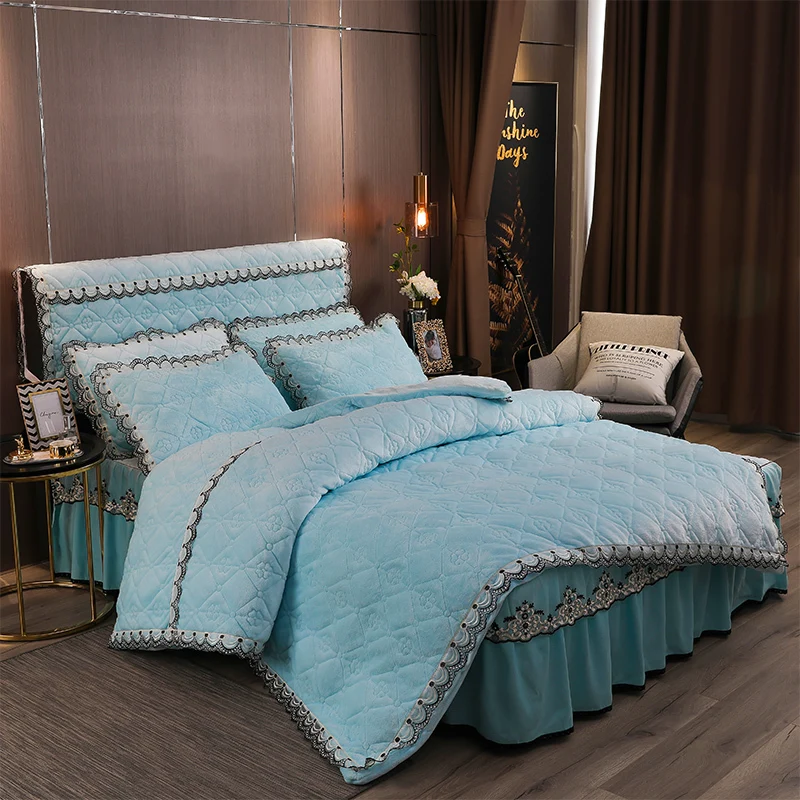 

Velvet Plush Warm Duvet Cover set Quilted Bedspread for Winter Luxury Lace Edge Bedding Set Comforter Cover Bedskirt Pillowcases