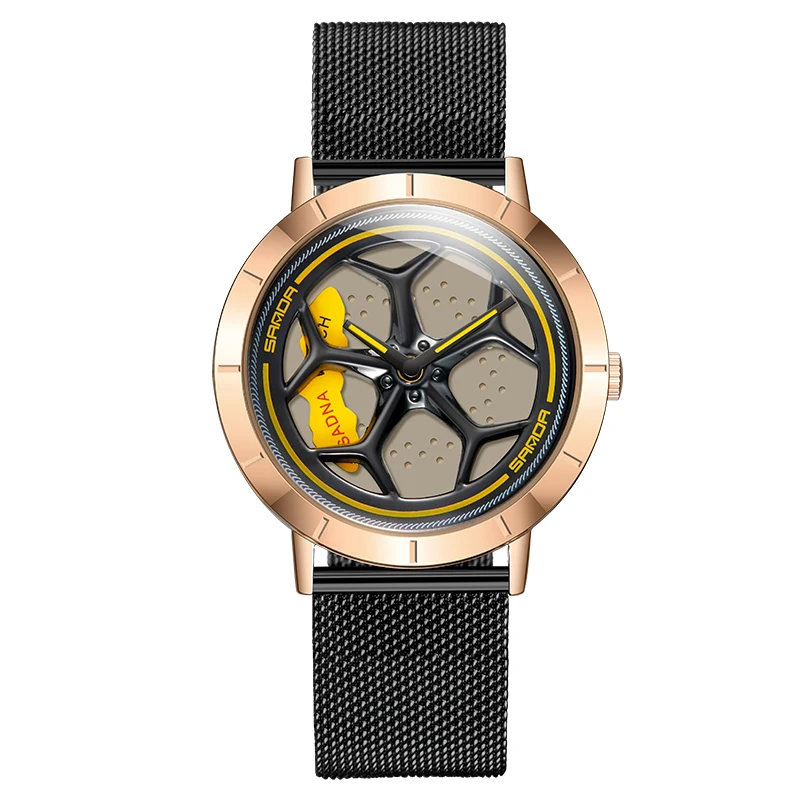 Black Rose Gold SANDA, модные новые мужские часы, сталь, Милан, с сетчатым ремешком, кварцевые наручные часы, жизнь, водонепроницаемые, в форме колеса, с циферблатом, подарок, часы 1022 - Цвет: Black Rose Gold
