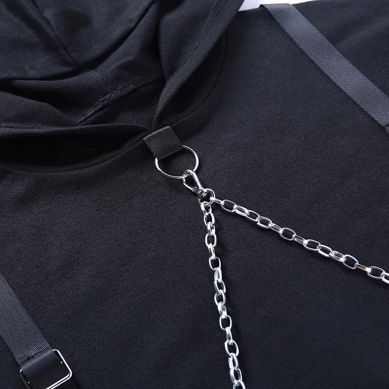 

Fitshinling Gothic Chain Women Hoodie Long Sleeve Crop Top Dark Slim Black Hoody Cotton Grunge Punk Hooded Sweatshirt Female New