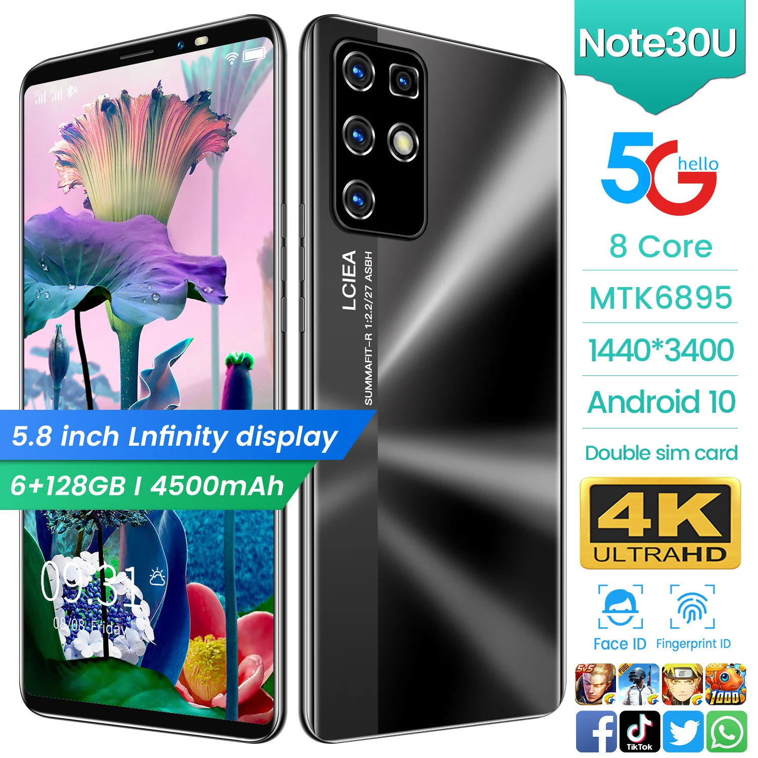 

5.8 inch Note30U 6GB+128GB MTK6895 8-Core Andriod10 18+21MP Camera Dual SIM Face Unlock 4G/5G Phone New Arrival Global Version