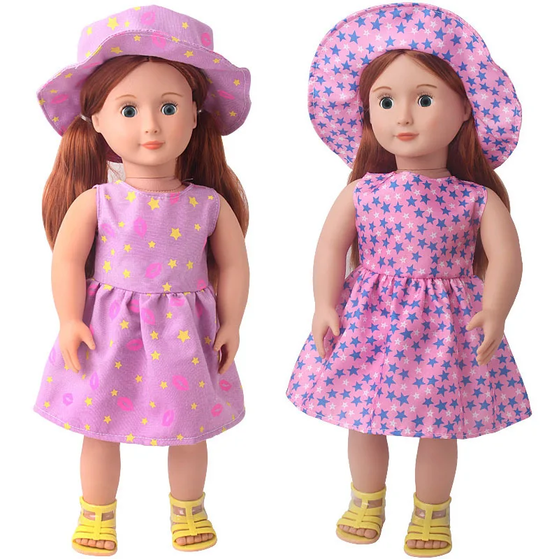 

Summer Purple Print Dress + Hat Suits Fit 43cm Baby New Born,42cm Nenuco,18inch Girl Doll Clothes Accessories