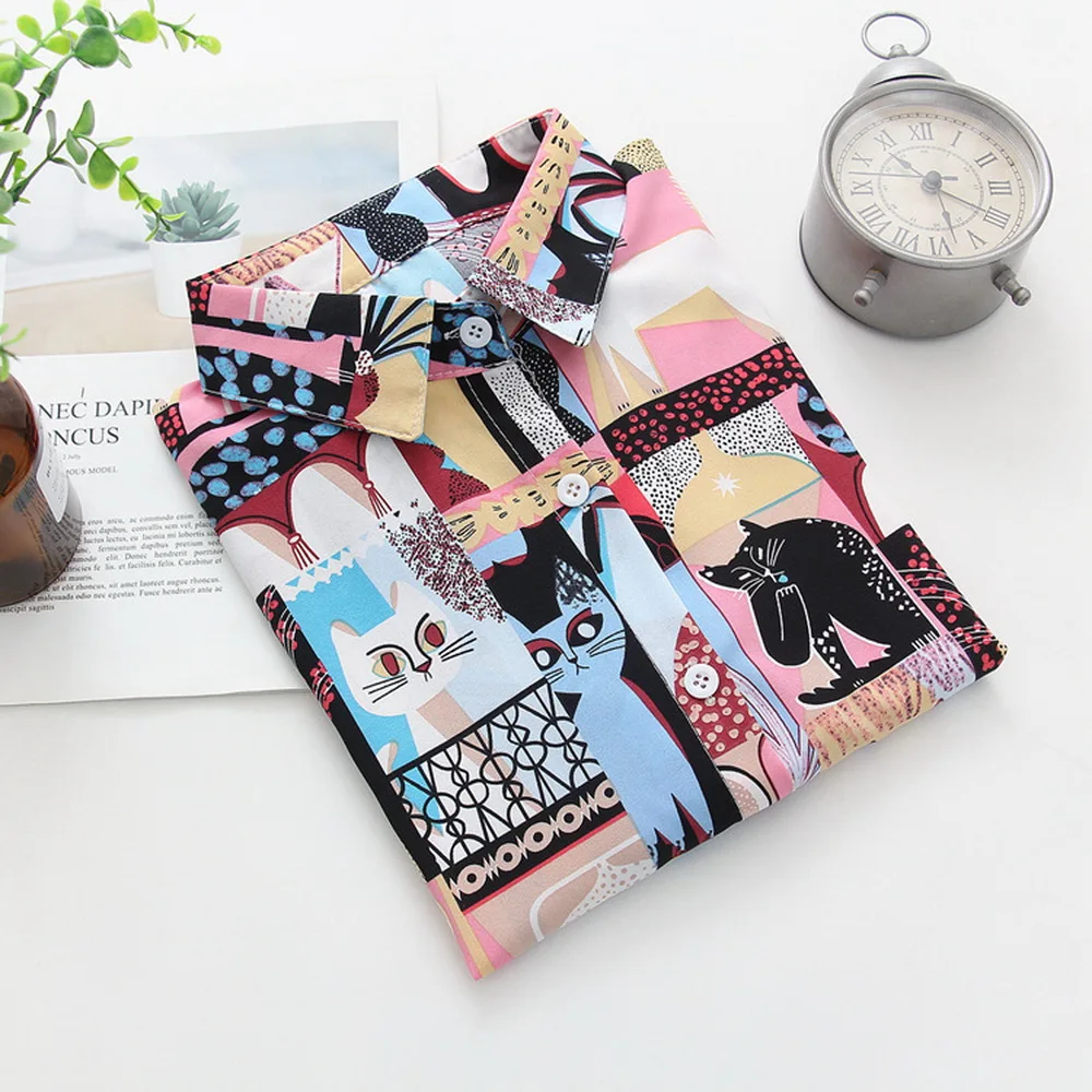 

2021topsyk2 spring summer lapel cat print long-sleeved shirt women blusas bluzk