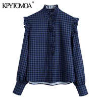 kpytomoa women 2021 fashion with ruffled trim plaid blouses vintage long sleeve button up female shirts blusas chic tops