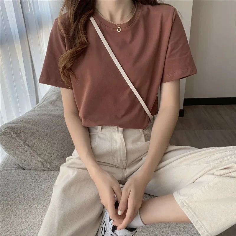 

Basic Style Loose Slimming Bottoming Shirt with Solid Color Short-Sleeved T-shirt for Women Ins Trendy Net Red Spring and Summer