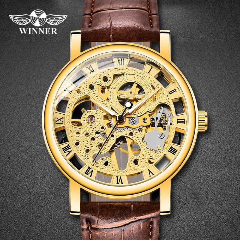 

WINNER Luxury Causal Mens Clock New Brand Skeleton Mechanical Watch Leather Strap Watch Fashion Gifts For Men Relogio Masculino
