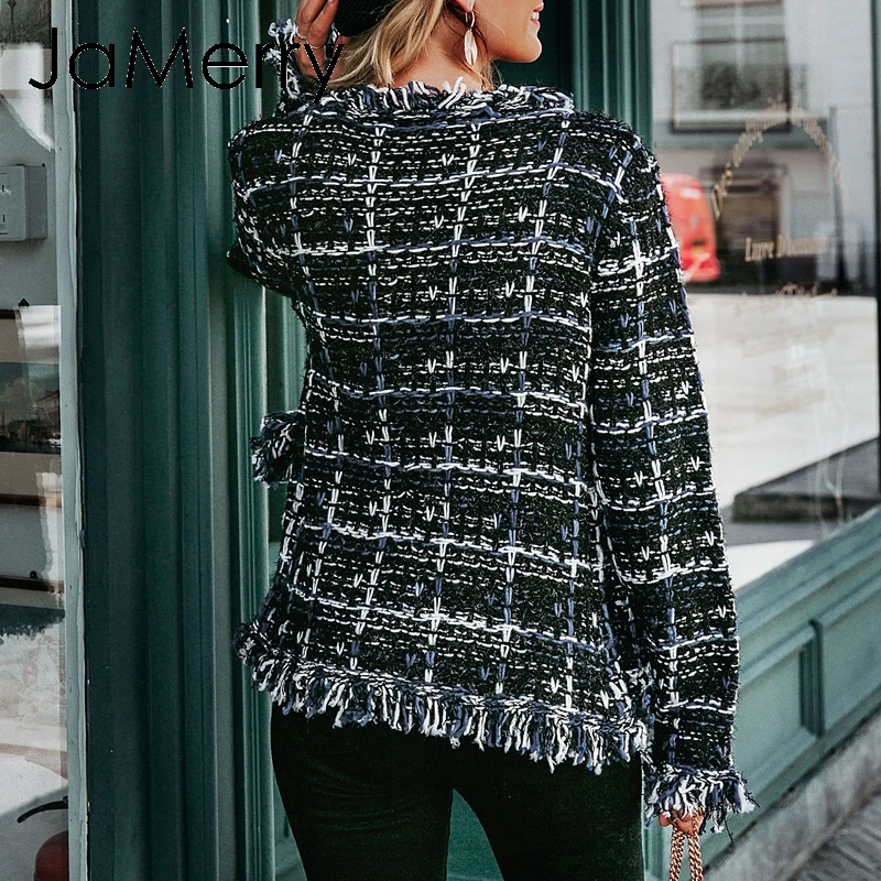 JaMerry Vintage winter plaid knitted women office cardigan coat Autumn female warm navy blend blazer Tassel jacket outwear mujer