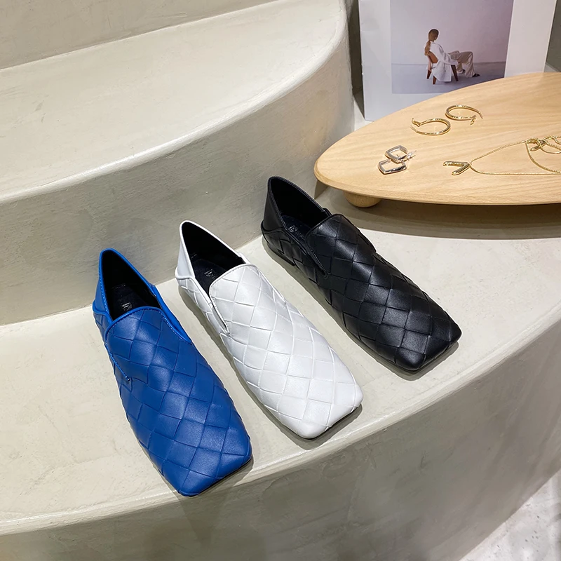 

Fashion Women Flats Square Toe Slip On Loafers Comfortable Ladies Shoes Flats Heeled Casual Spring/Autumn Fashion Blue Shoes