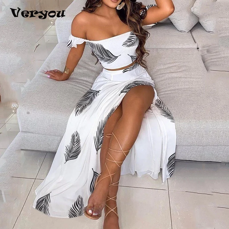 

2021 2pc Dress Women Summer Floral Print Long Dresses Tube Top Split Party Sexy White Off Shoulder Dress Bohemian Beach Style