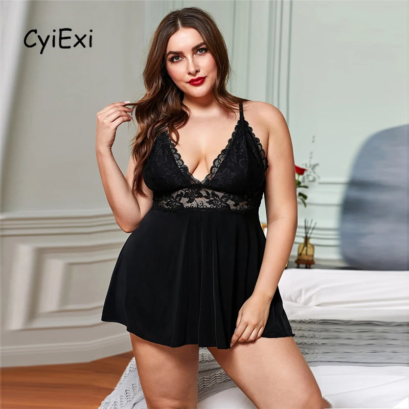 

CyiExi Women Sexy Nightgown Set Plus Size Lace See Through Lingerie Dress + Thong 2 Pieces Sets Sleepwear Ladies Night Clothing