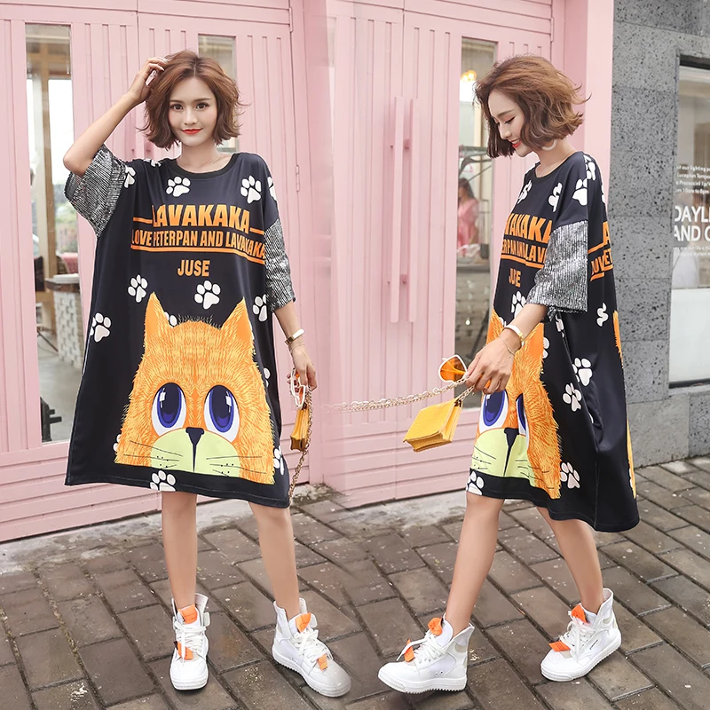 Женское платье с принтом в виде кота Vefadisa летнее платье-футболка блестками 2020