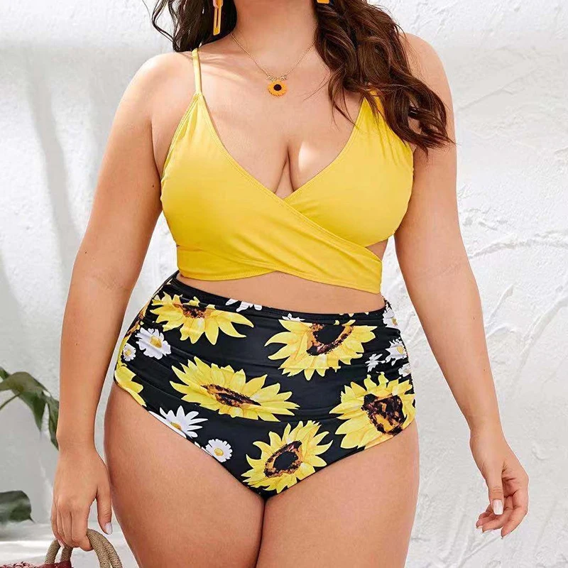 

New Swimwear Large Size Woman Swimsuit Sexy Push Up Women's Swimsuit Sunflower Print Cross Two Piece Swimsuit Ladies L-4XL