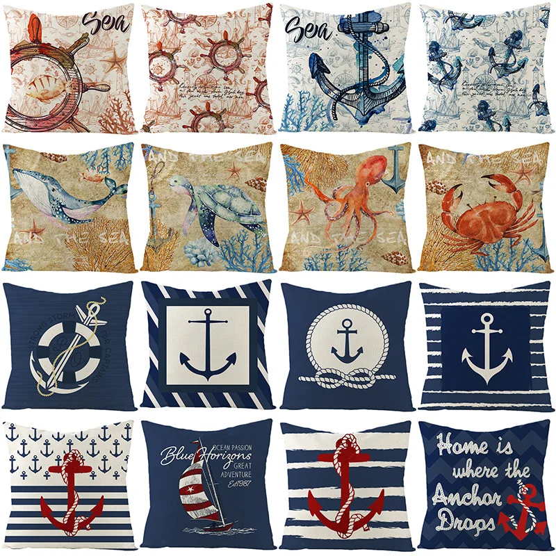 

2021 New Retro Blue Anchor Marine Animals Home Decor Throw Pillow Case Sofa Decorative Chair Cushion Cover for Car Fast Shipping