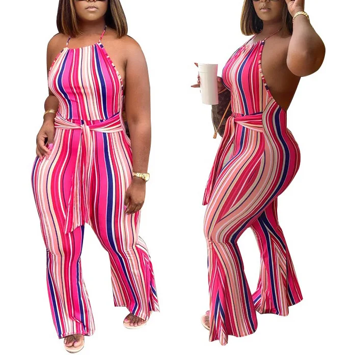 Pink Striped Jumpsuits 4xl 5xl Plus Size Halter Backless With Sashes Long Sexy Elegant For Evening Party Night Club Rompers New