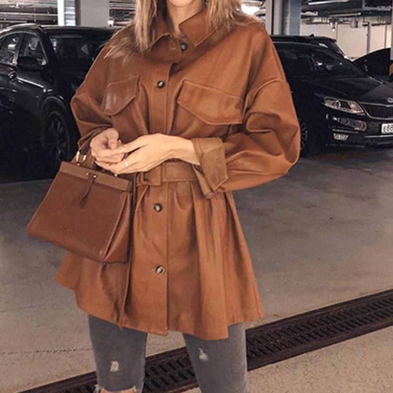 

Soild PU Leather Short Dress With Belt Women Oversized Streetwear Lace Up Jacket Clothing Single Buckle Autumn Winter Outfits