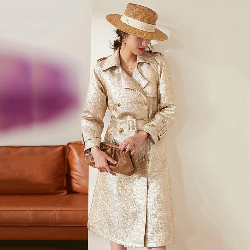 Роскошный Золотой Женский Тренч во французском стиле свободная Женская ветровка