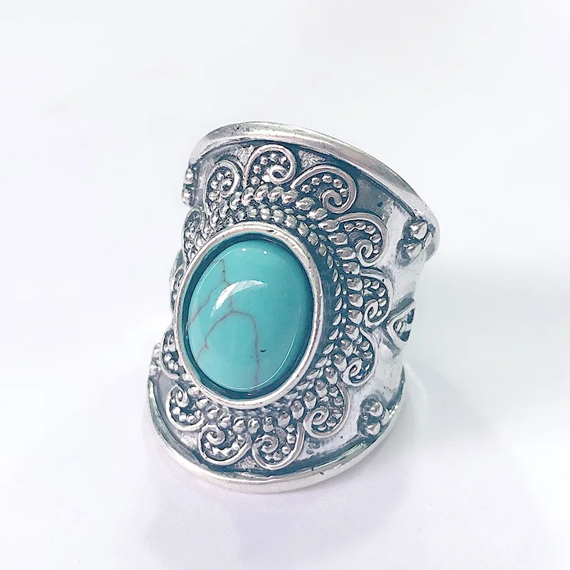 

Vintage Tibet Boho Silver Color Green Resin Stone Rings for Women Party Turquoises Antique Big Oval Carved Flower Ring