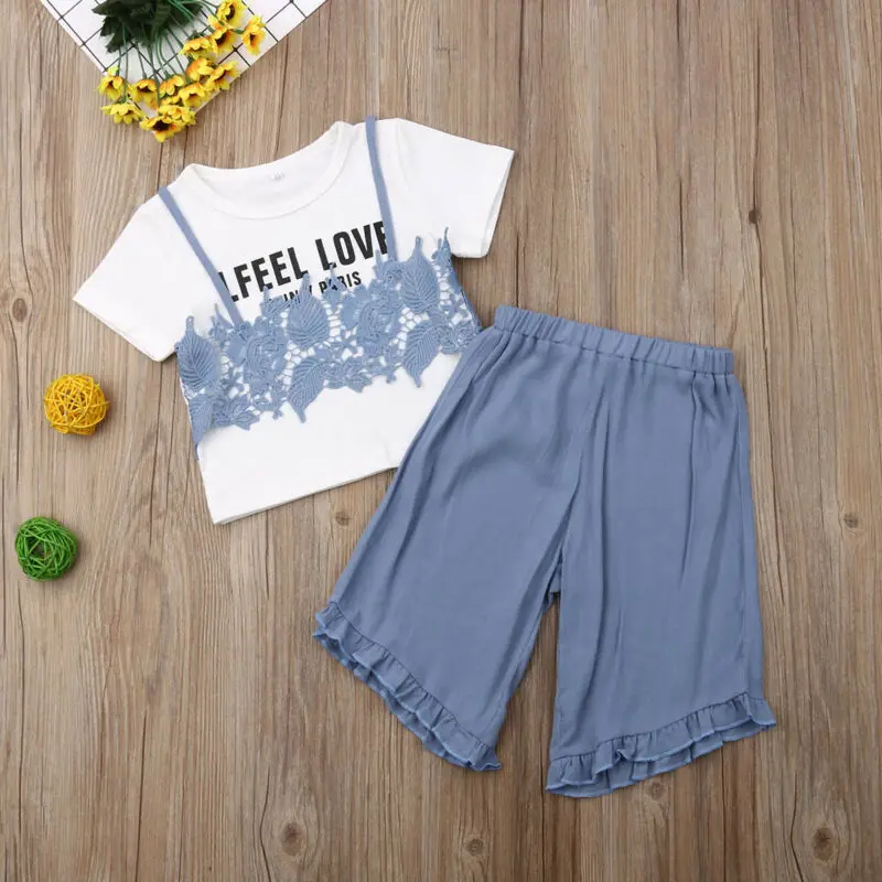 От 0 до 4 лет комплекты одежды для маленьких девочек Футболка с кружевными цветами