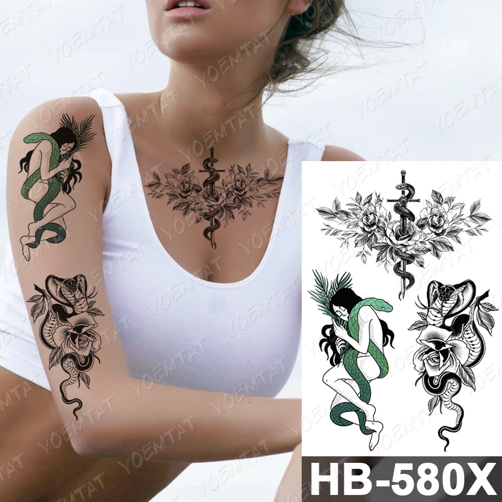 

Waterproof Temporary Tattoo Sticker Moth Eagle Old School Flash Tattoos Black Snake Rose Stars Body Art Arm Fake Tatoo Women Men