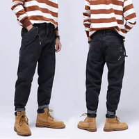 american street style fashion men jeans black color elastic loose fit casual wide leg denim jeans men hip hop punk baggy pants